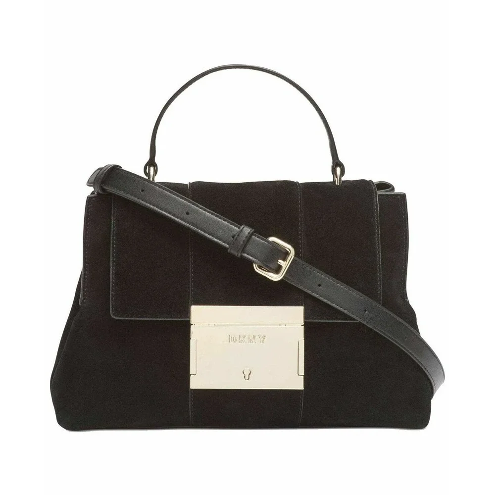 DKNY Adam Satchel Bag Womens 1SZ Black New Suede Leather Crossbody R93DND54